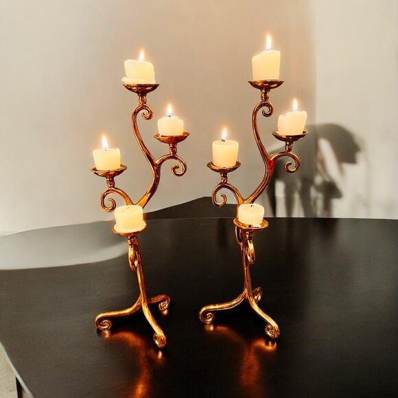 Copper Coated Candelabra Set-5 Arm-Whimsical-Metal-Art Nouveau-Vintage-Candle